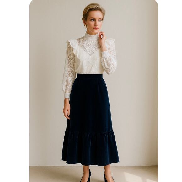 Vintage Gunne Sax Blue Velvet Boho Cottage Core Peasant Hippie Maxi Skirt XS - Picture 6 of 12